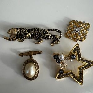 Brooches ( locket pin, star, tiger, gold square)
